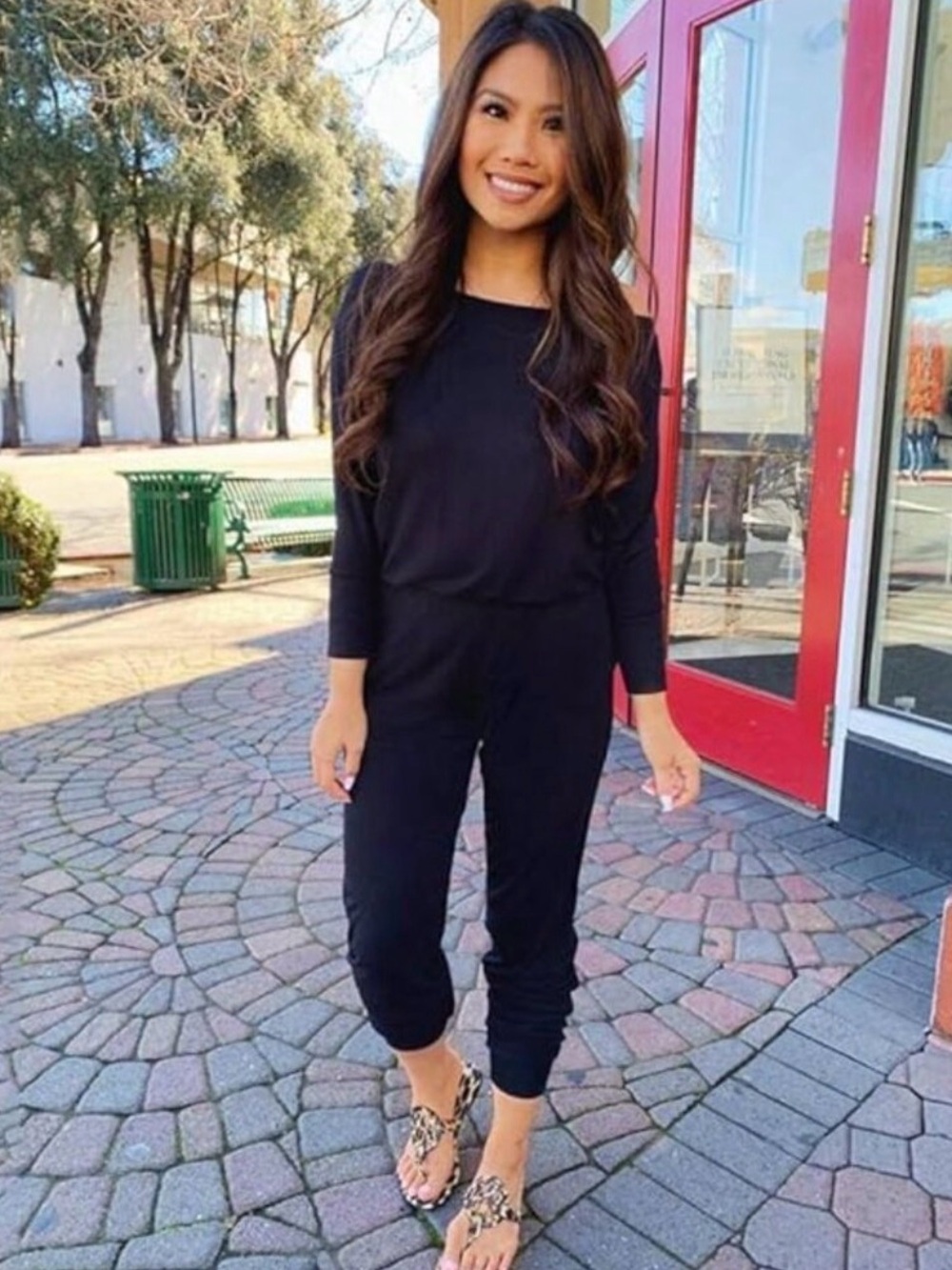 Pretty Garden Jumpsuit casual long sleeve wide neck elastic waist pockets NEW L - Picture 6 of 14
